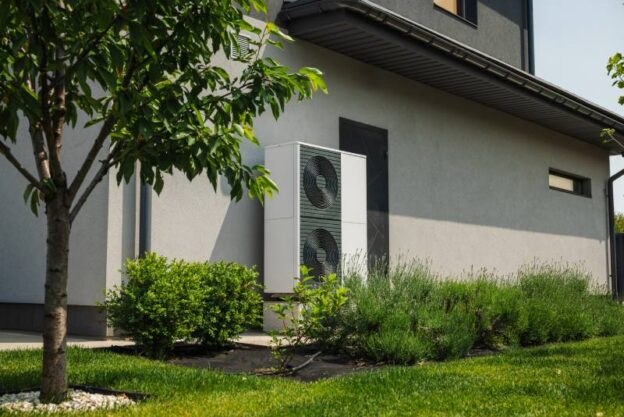 Outdoor air conditioner condenser unit beside a beige house, with shrubs and a tree in the yard.